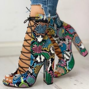 Multicolored snake patterned lace up booties